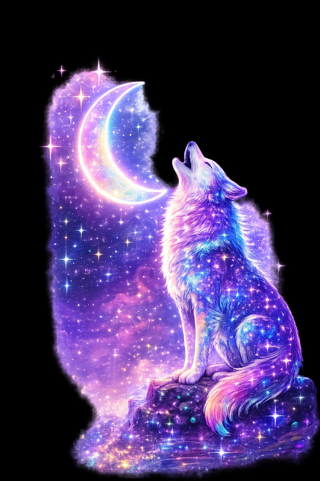 Decorative wolf and moon illustration